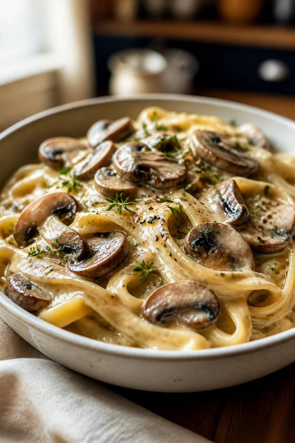 Creamy mushroom pasta with thyme in a bowl