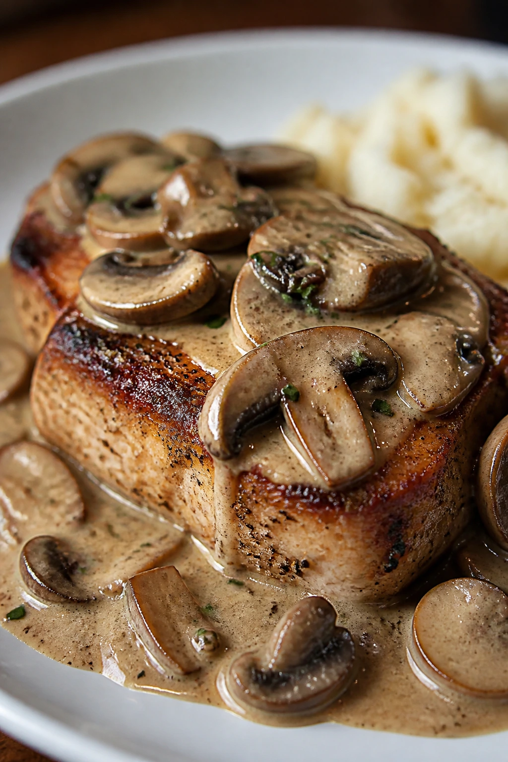 Pork chop with creamy mushroom sauce on plate