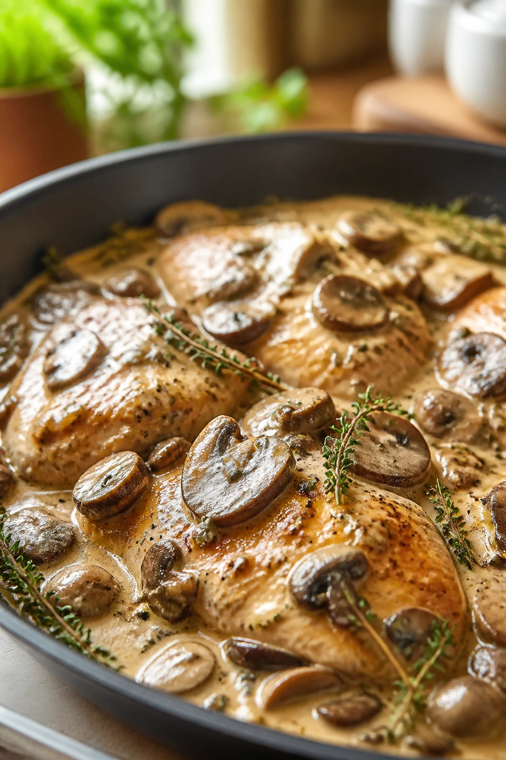 Creamy mushroom smothered chicken with thyme close-up