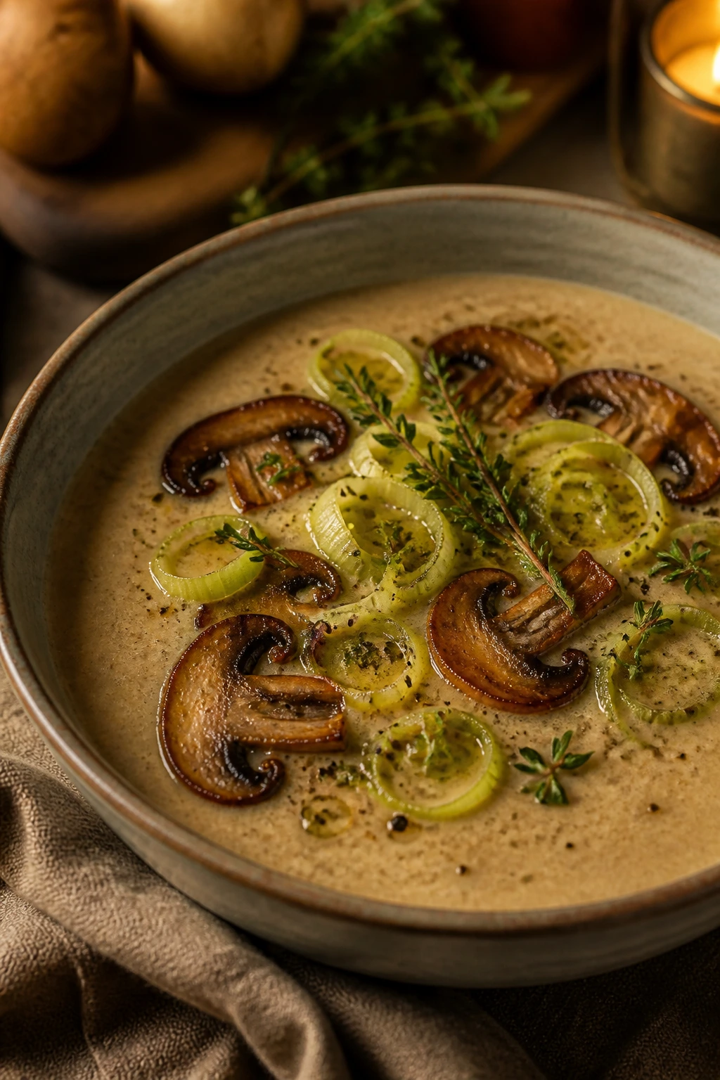 Creamy mushroom leek thyme soup in a bowl