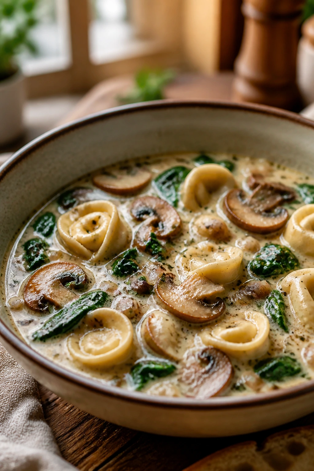 Close-up of creamy mushroom tortellini soup with tortellini and mushrooms in a rustic bowl.
