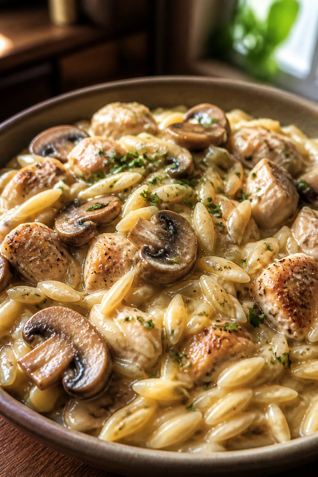 Close-up of creamy mushroom orzo with chicken in a bowl