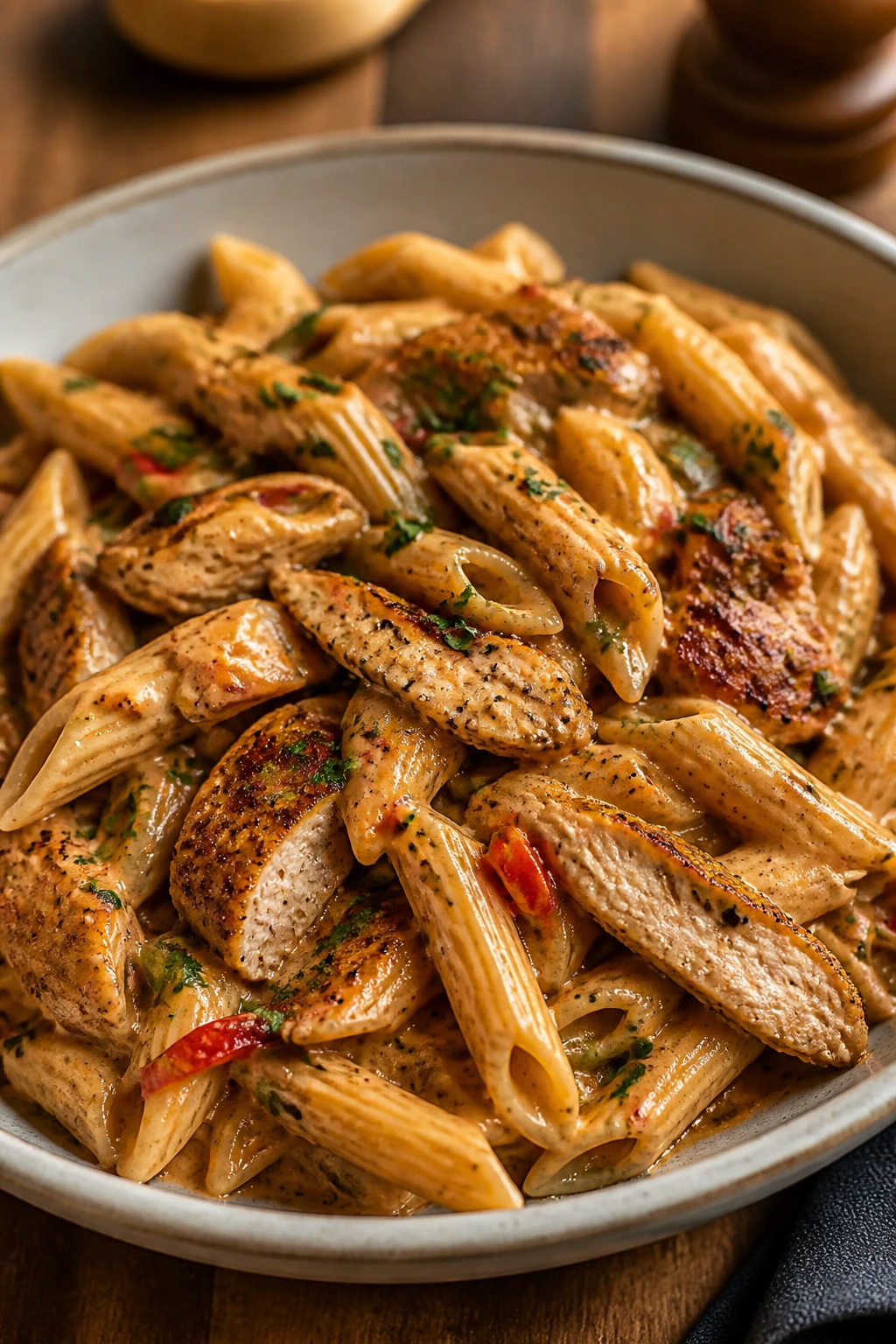 Creamy Cajun chicken pasta with seared chicken and peppers in a peppery cream sauce