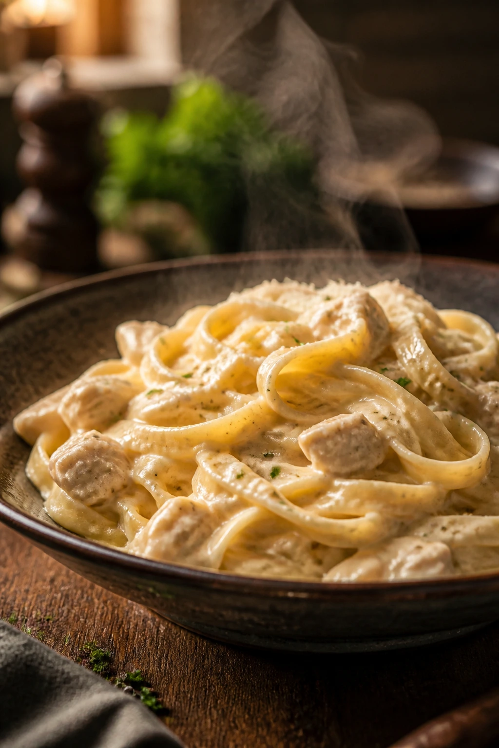 Close-up of a creamy pasta dinner in a rustic bowl with warm kitchen lighting.