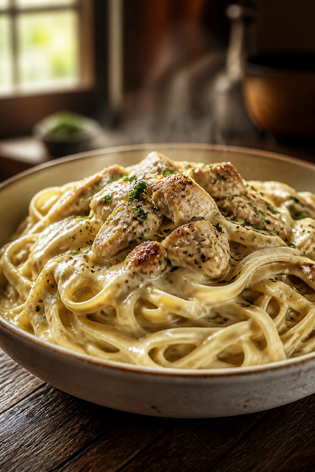 Close-up of a creamy pasta dish in a bowl on a wooden table in a cozy kitchen