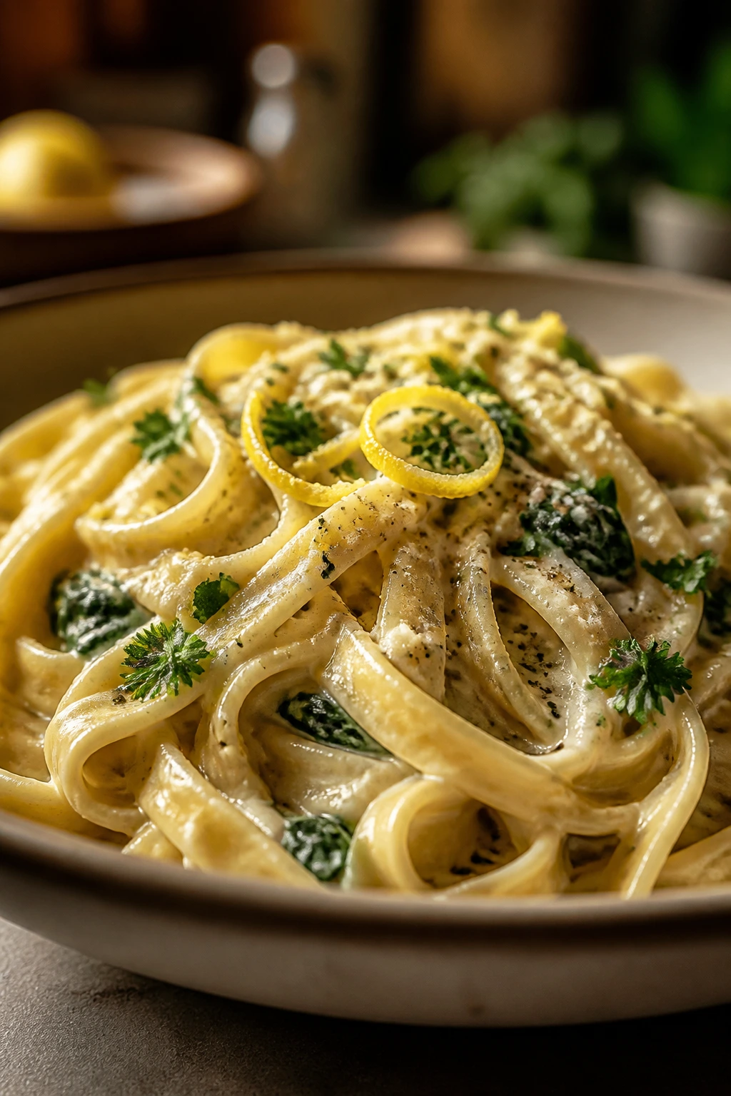 Glossy creamy pasta with herbs and lemon twist on top, in a cozy kitchen