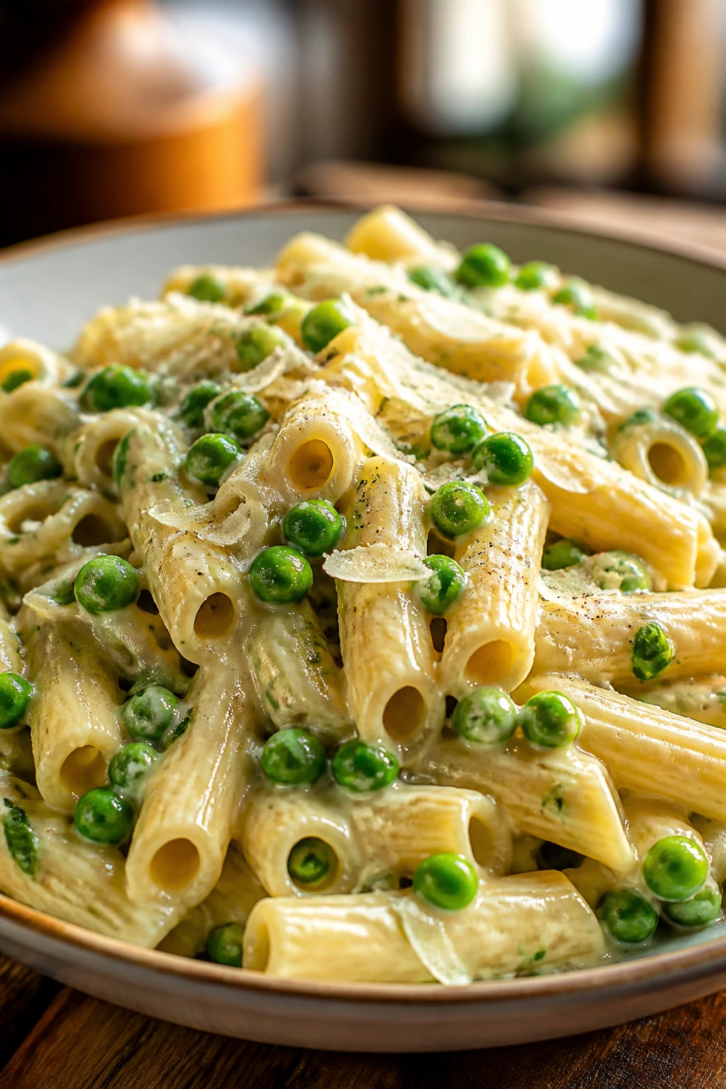 Close-up of creamy parmesan pea pasta on a rustic wooden table.