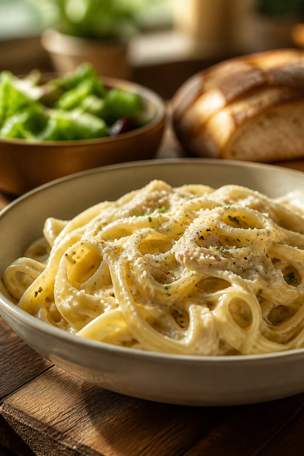 Close-up of creamy pasta in a warm bowl on a rustic table with salad and bread in the background