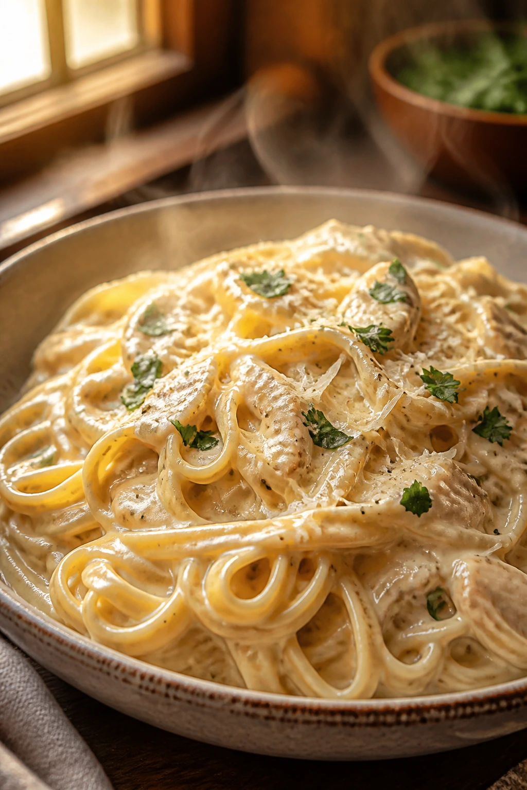 Steaming bowl of creamy pasta in a warm kitchen setting