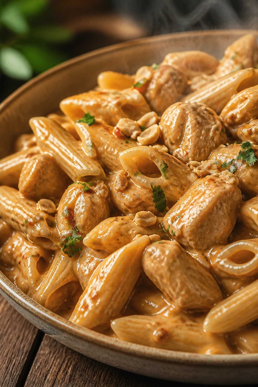 Close-up of creamy peanut chicken penne on a wooden table in a warm kitchen