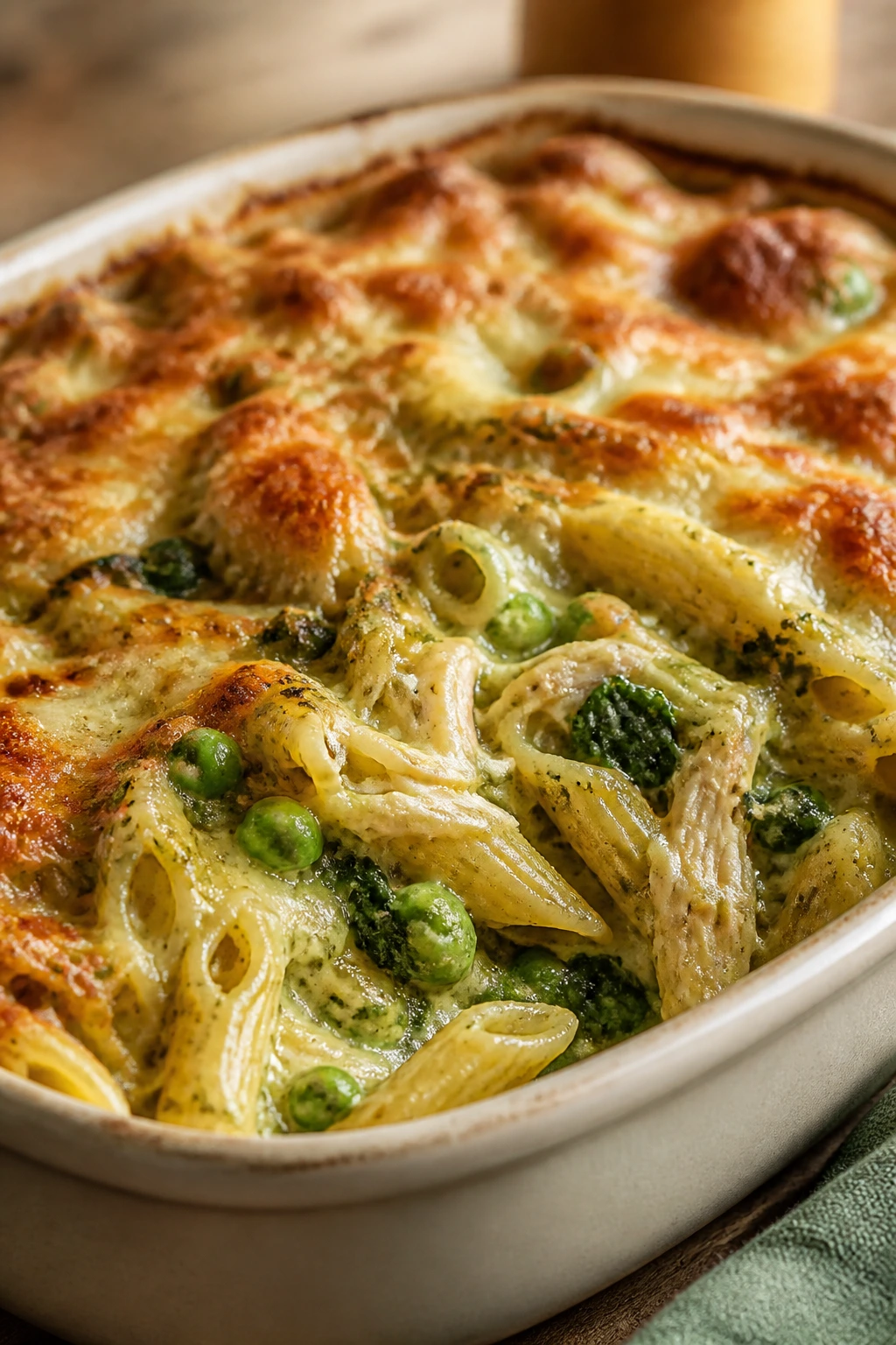 Creamy pesto chicken pasta bake with peas and spinach in baking dish.
