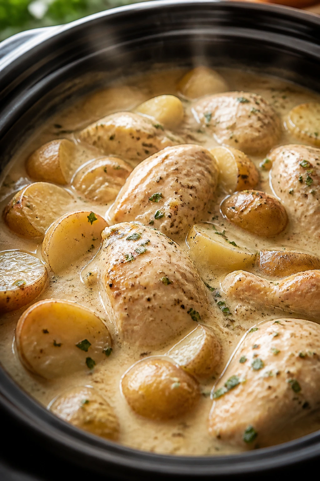Creamy ranch chicken and potatoes in a pan