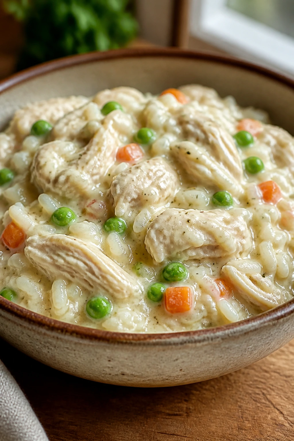 Close-up of creamy ranch chicken over rice with peas and carrots in a rustic bowl