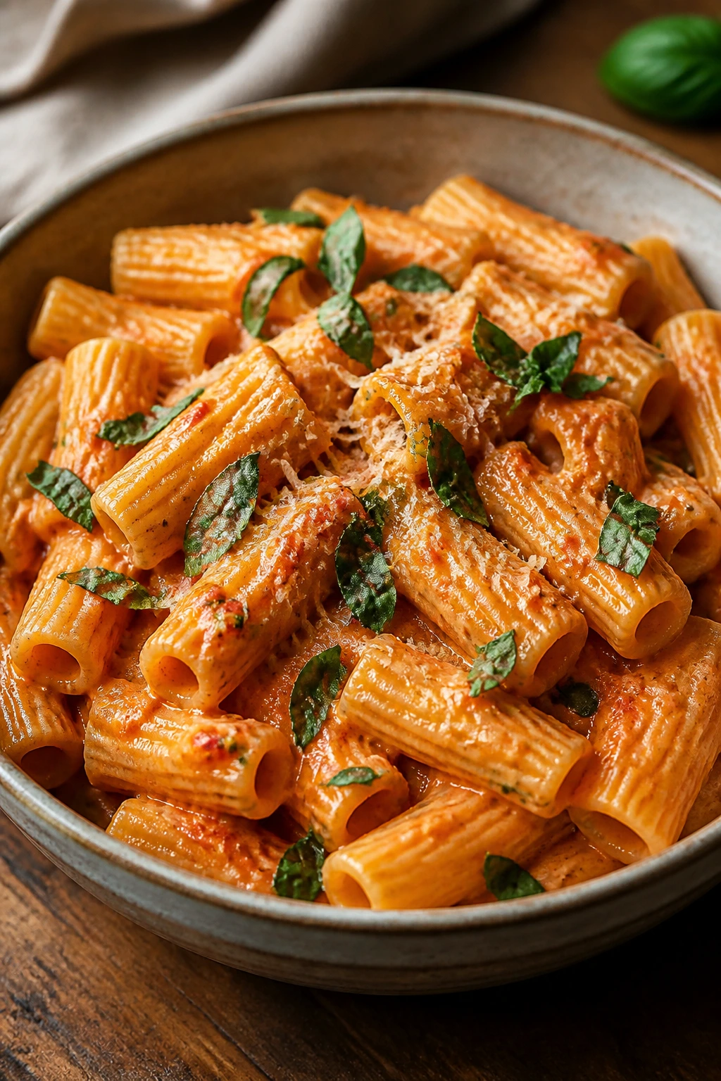 Close-up of Creamy Tomato Basil Rigatoni with basil and parmesan.
