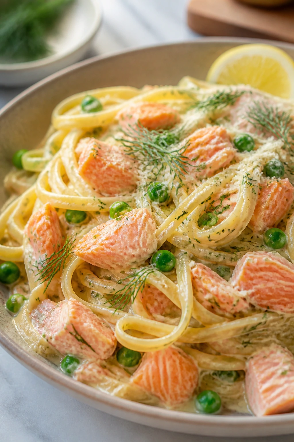 Linguine with salmon in lemon-dill cream sauce