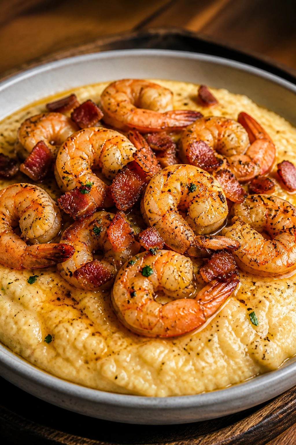Close-up of creamy cheddar grits topped with Cajun shrimp and crispy bacon in a bowl