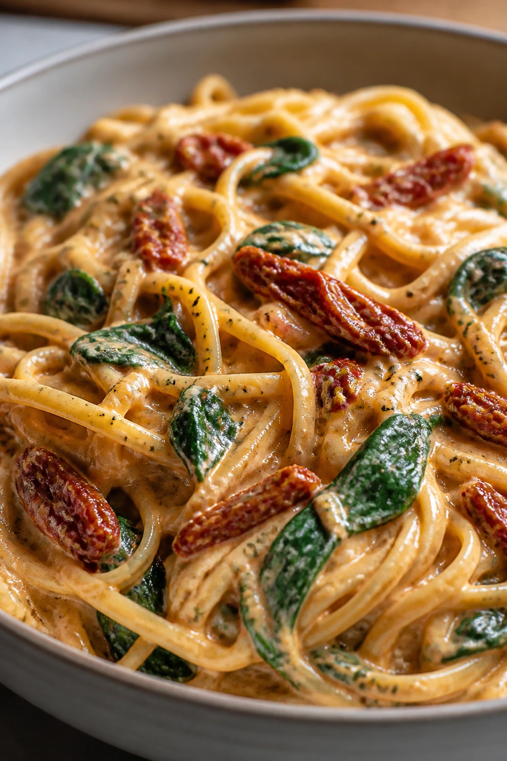 Creamy sun-dried tomato pasta with spinach in a bowl