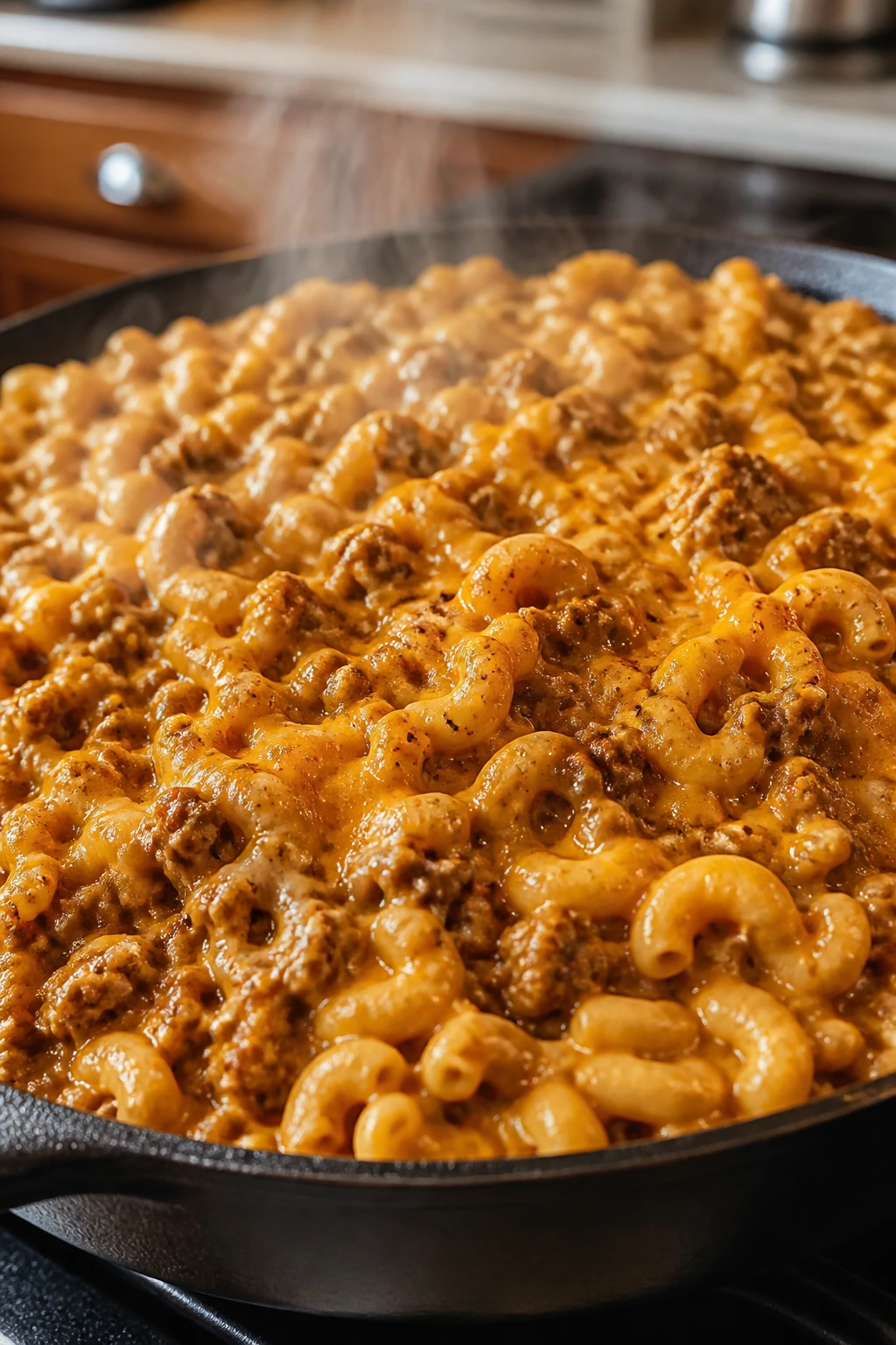 Creamy taco mac with beef and cheese in a skillet on a stove.