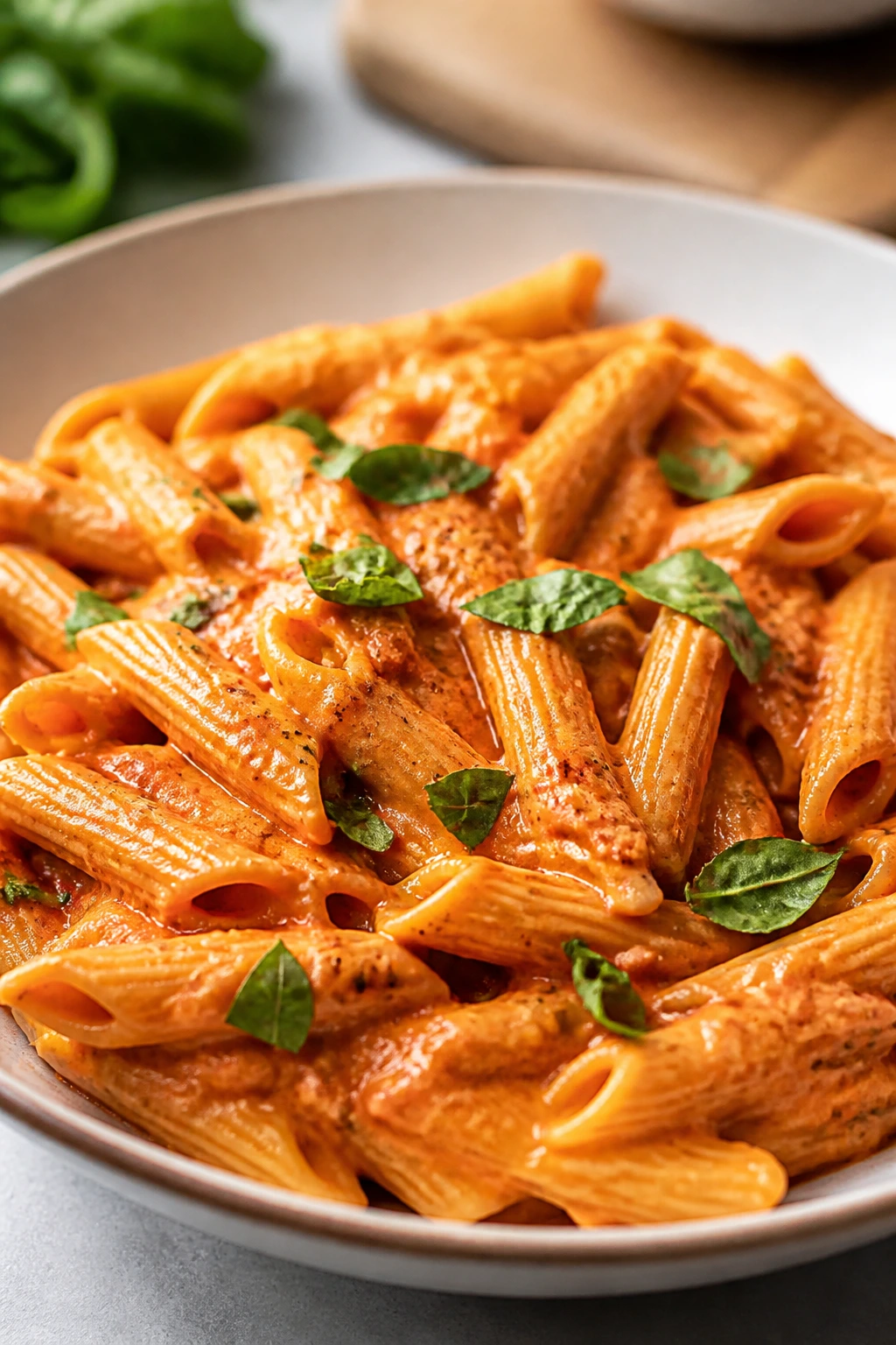 Creamy tomato basil pasta with basil leaves