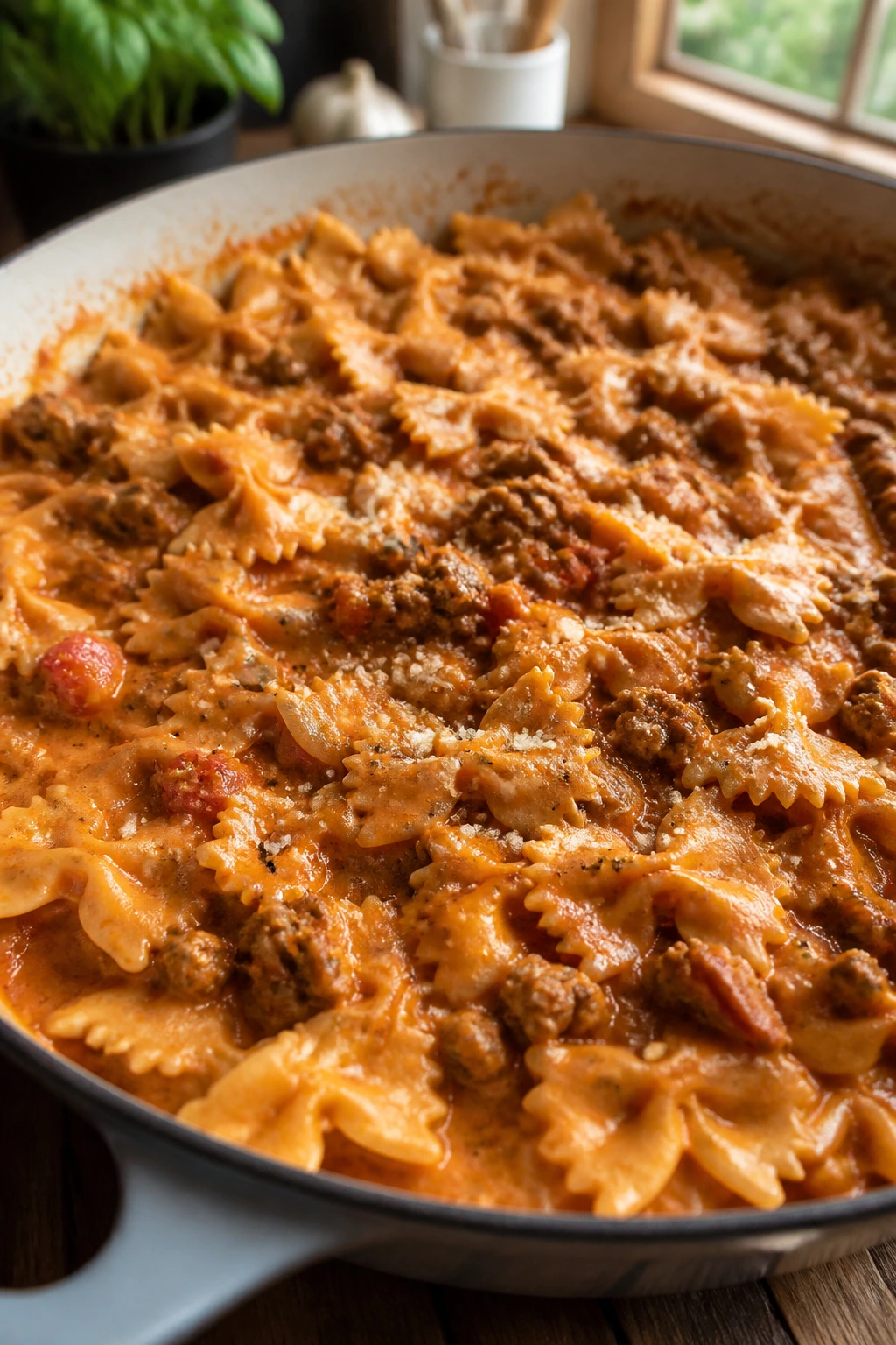 Close-up of creamy tomato beef farfalle on a rustic wood table with warm kitchen light