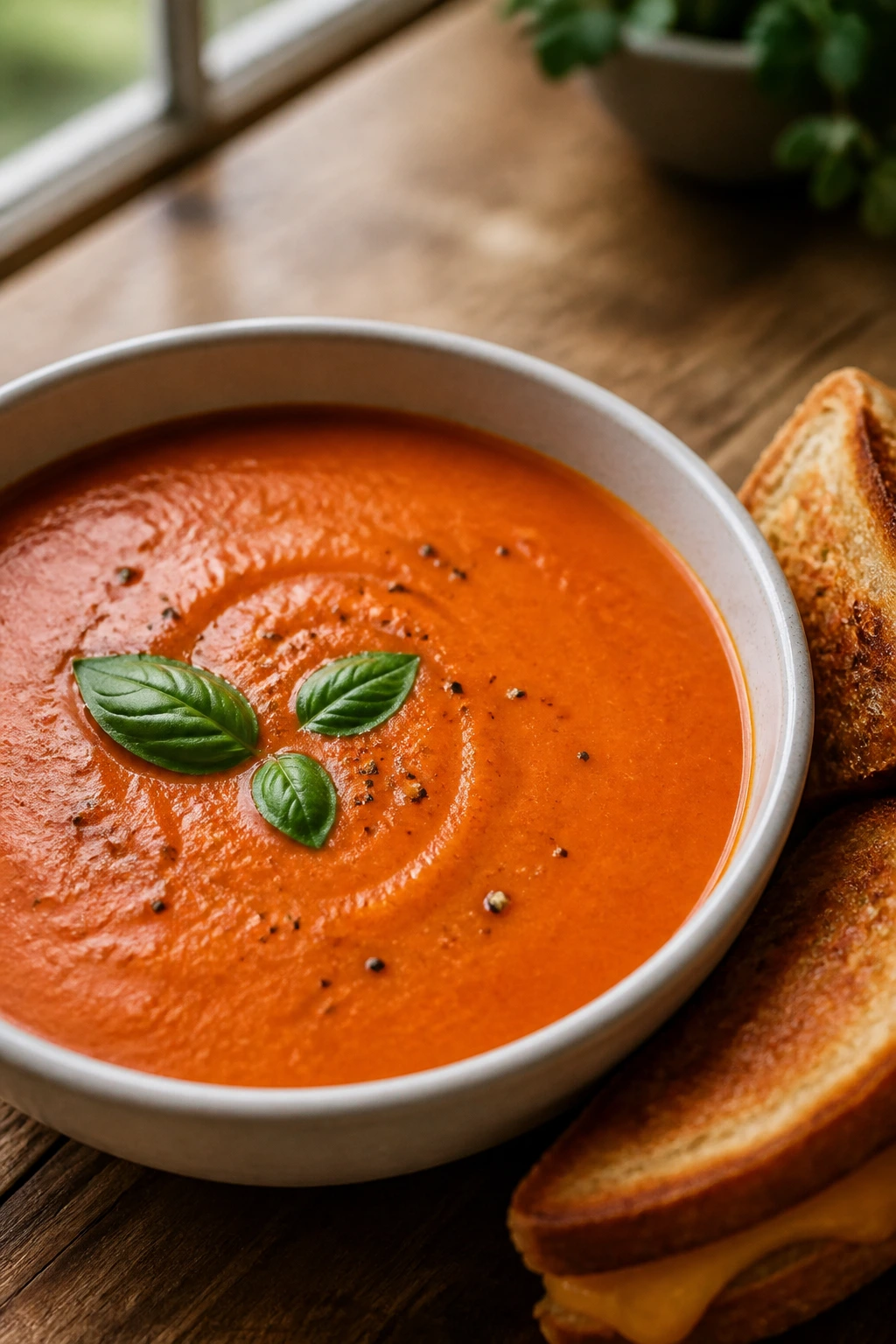 Bowl of creamy tomato soup with a vegan grilled cheese on the side