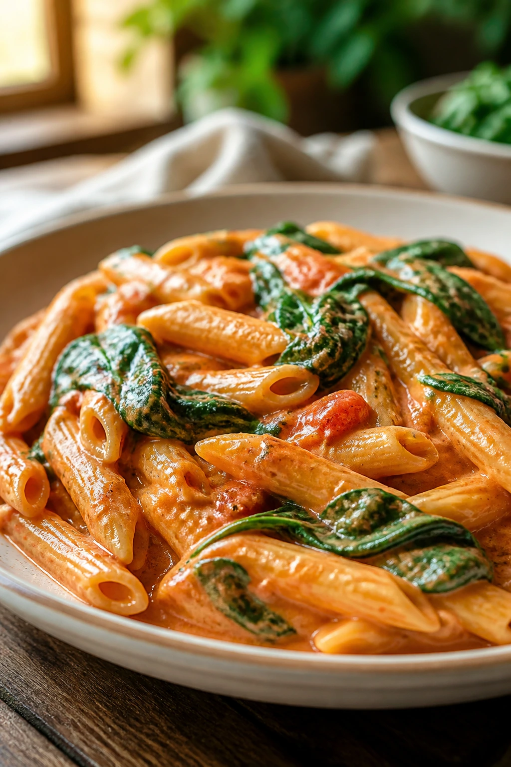 Creamy tomato spinach pasta on a plate with spinach.