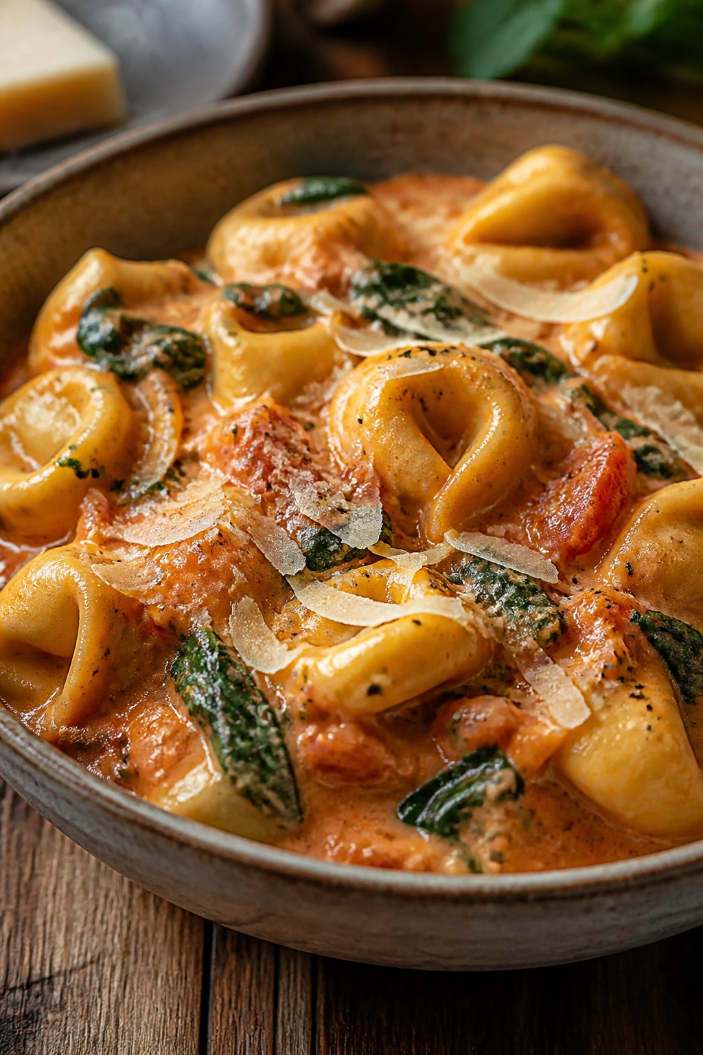 Creamy tomato tortellini with spinach in a rustic bowl