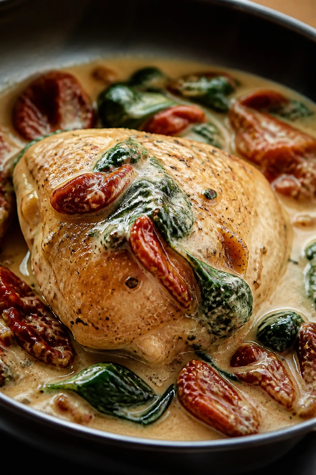 Creamy Tuscan chicken thigh in sauce with sun-dried tomatoes and spinach