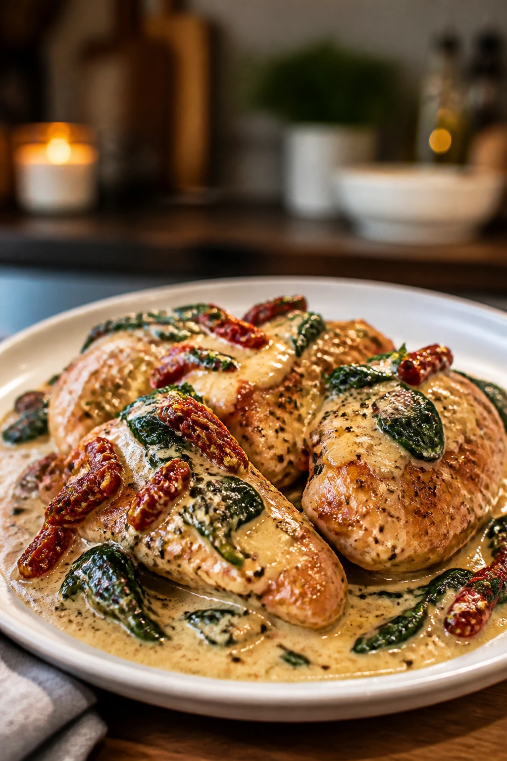 Close-up of Creamy Tuscan Chicken plated at a home dinner setting