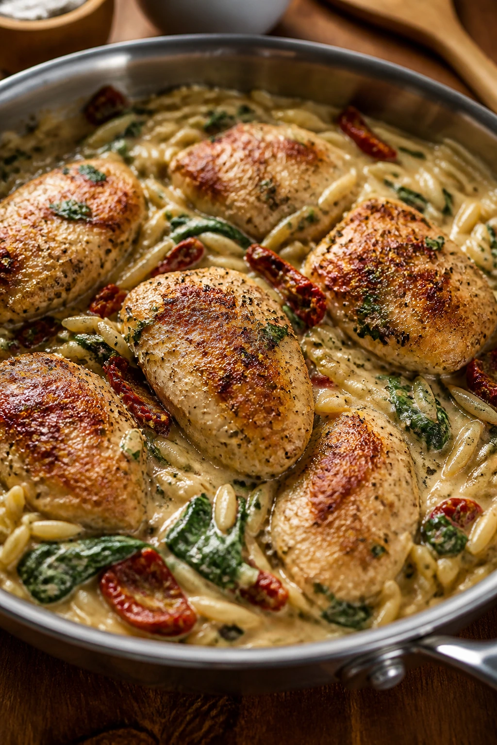 Close-up of Creamy Tuscan Chicken over Orzo in a skillet with spinach and sun-dried tomatoes.