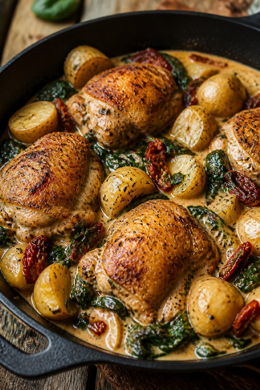 Close-up of creamy Tuscan chicken with potatoes in skillet