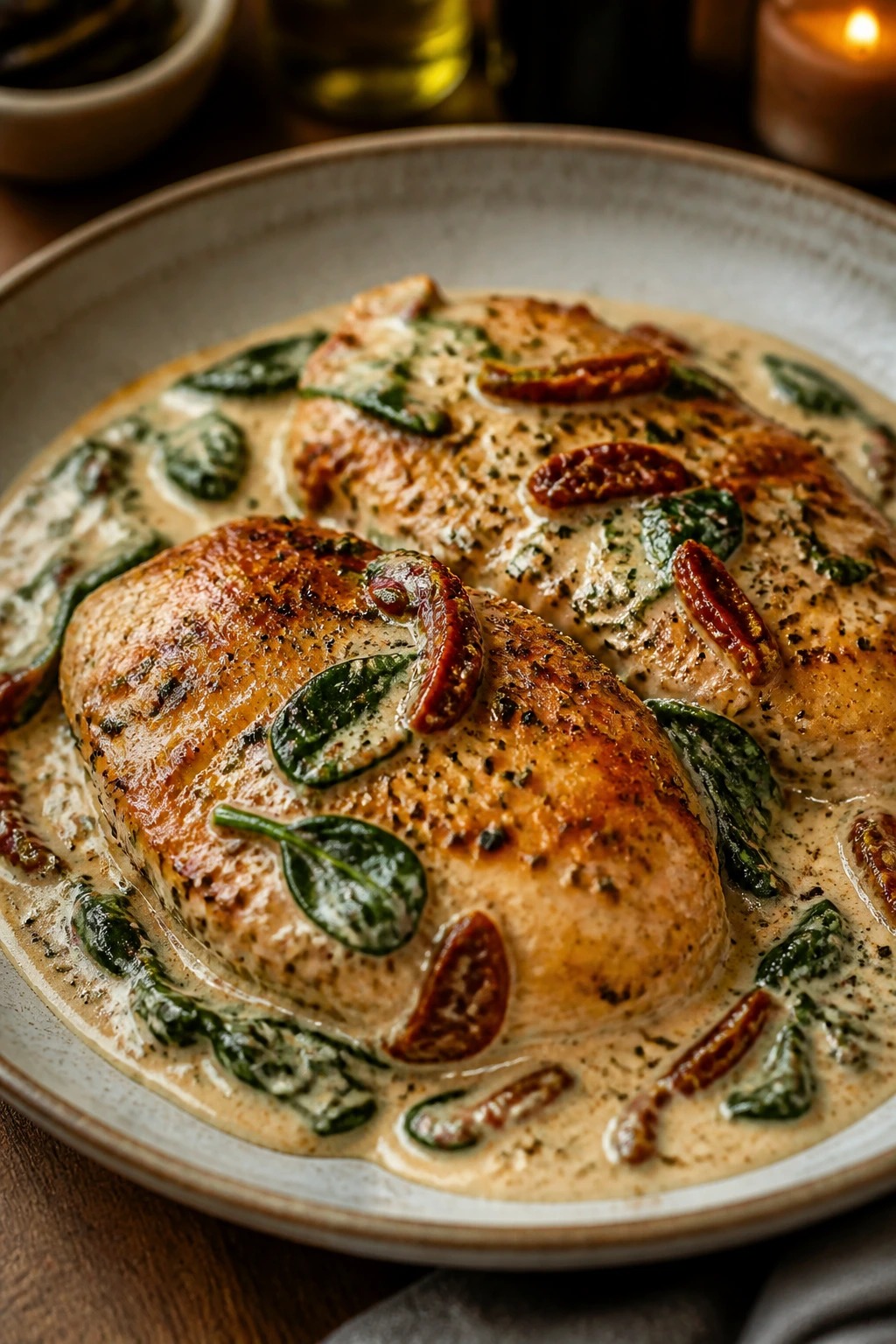 Creamy Tuscan chicken with sun-dried tomatoes and spinach on a plate.