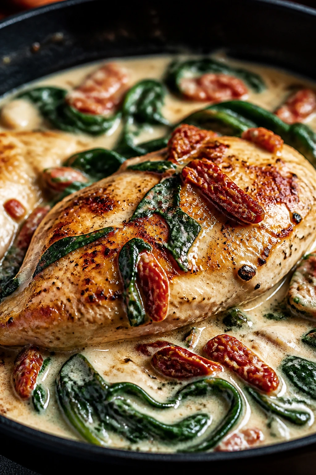 Creamy Tuscan chicken with spinach close-up