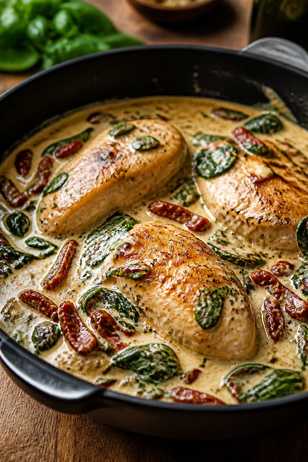 Skillet with creamy Tuscan chicken, sun-dried tomatoes, and spinach