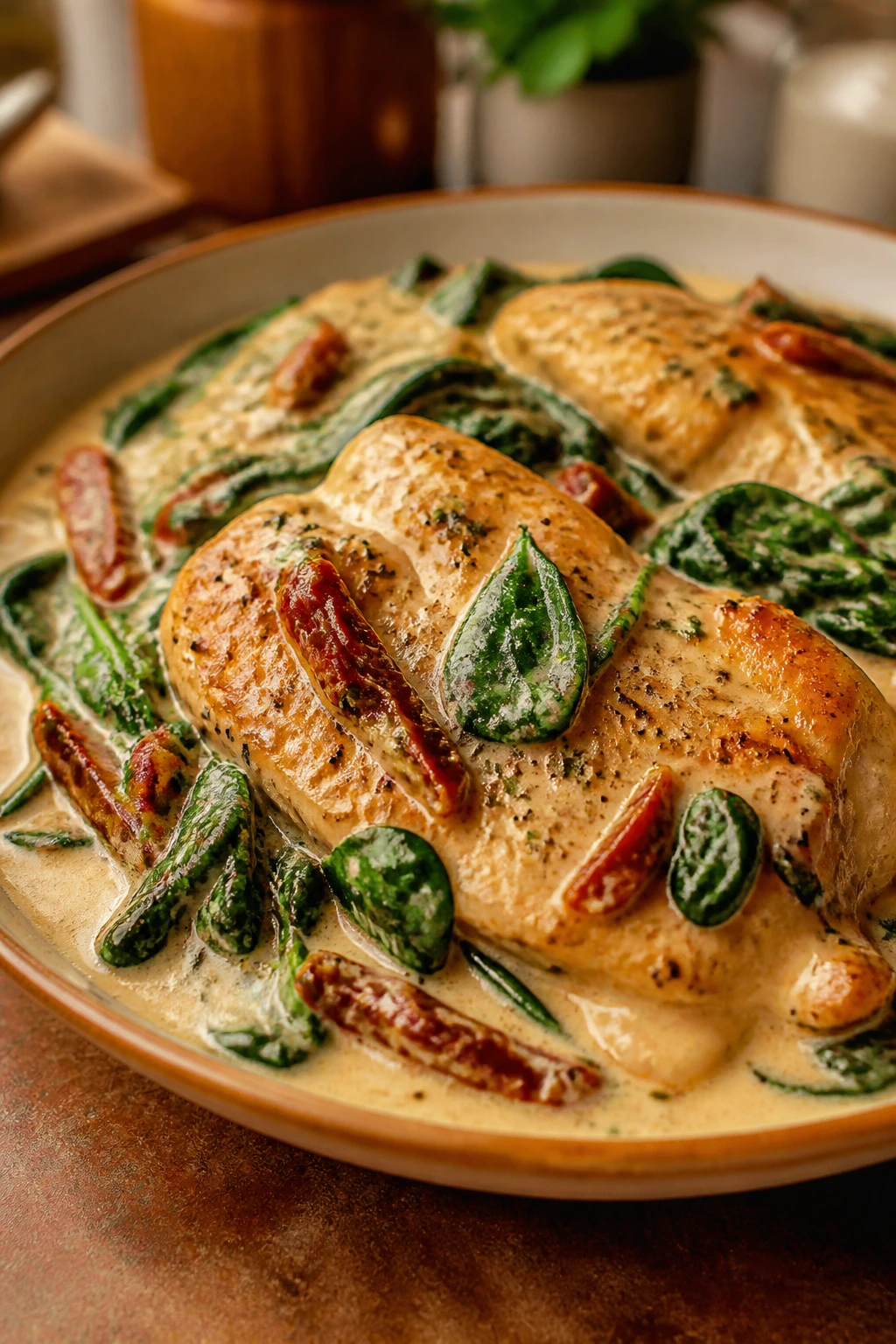 Creamy Tuscan chicken with sun-dried tomatoes and spinach on plate