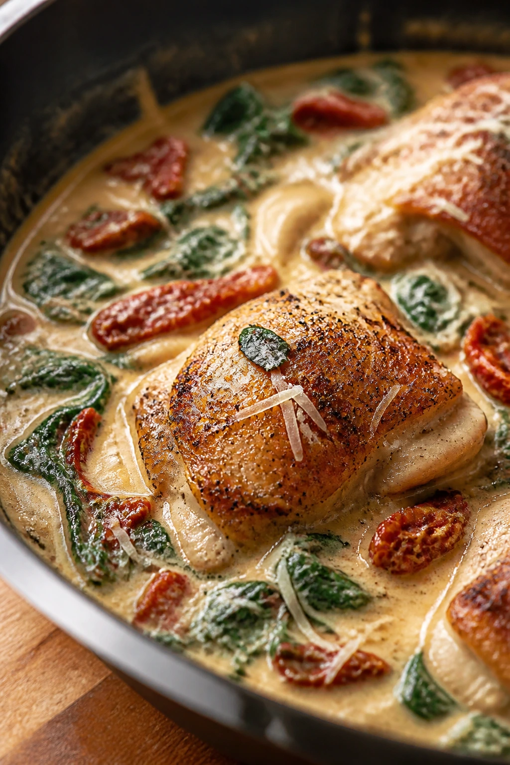 Close-up of creamy Tuscan chicken with sun-dried tomatoes and spinach