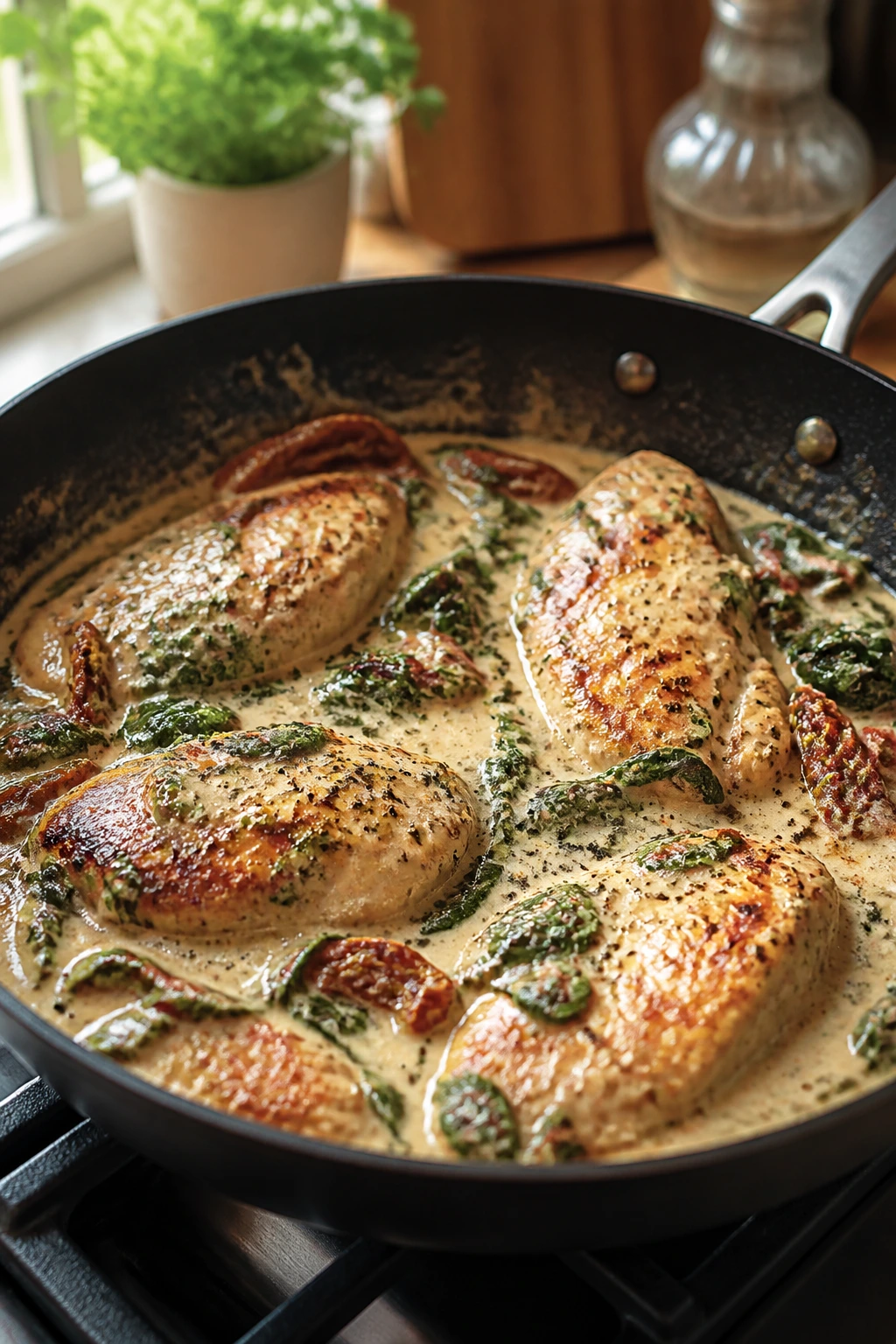 Creamy Tuscan chicken with spinach in a skillet