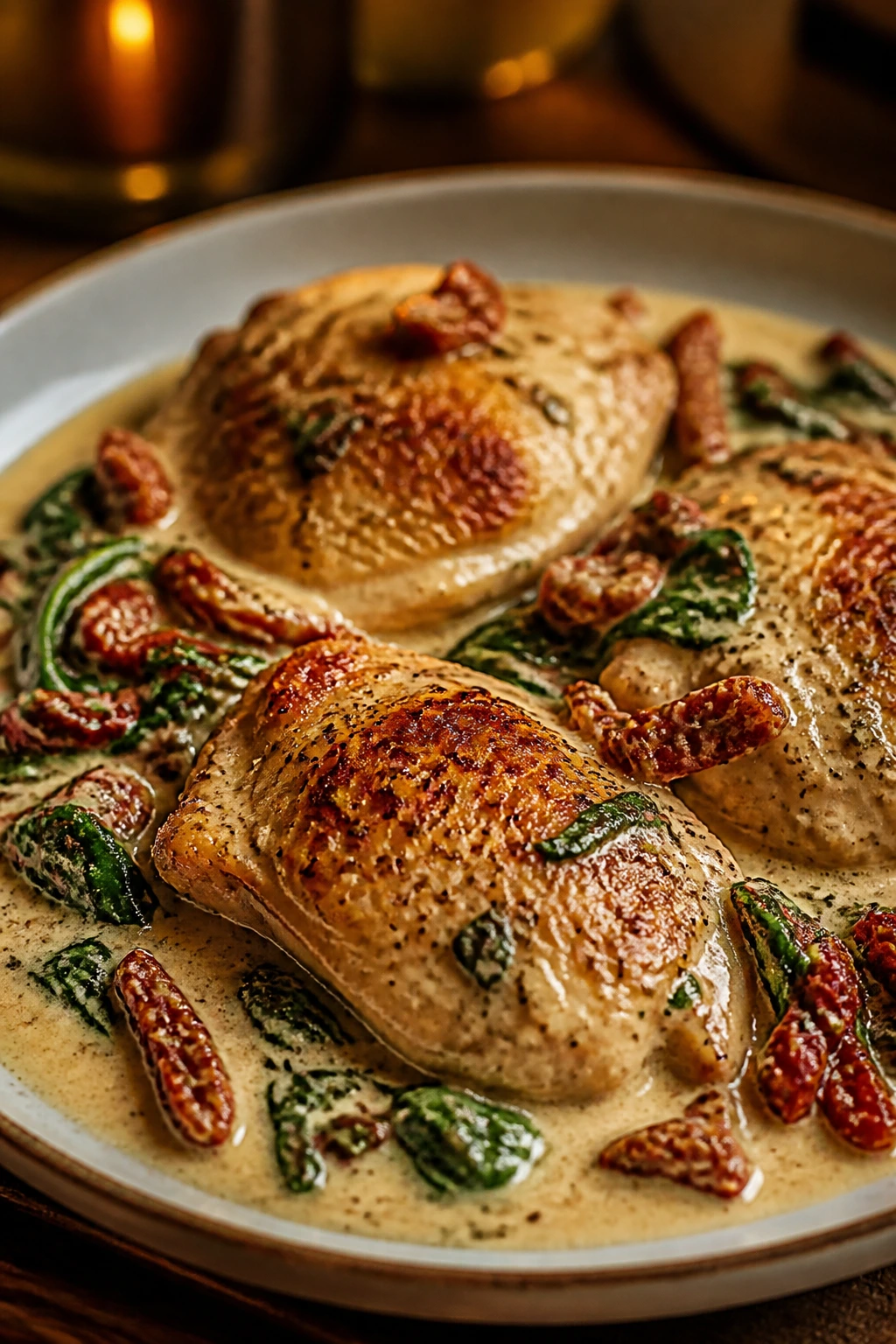 Creamy Tuscan chicken with sun-dried tomatoes on a plate