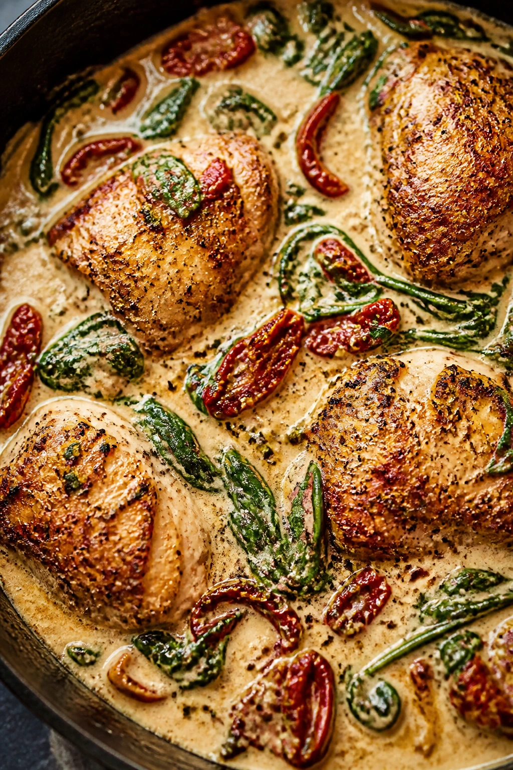 Close-up creamy Tuscan chicken with sun-dried tomatoes and spinach on a plate