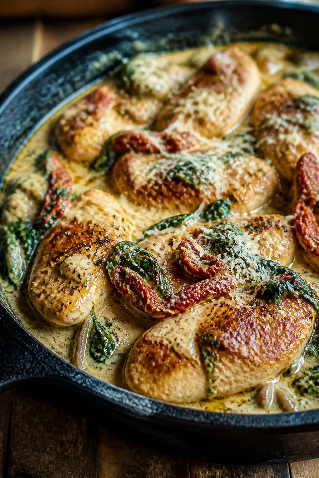 Close-up of creamy Tuscan chicken with sun-dried tomatoes and spinach in a skillet