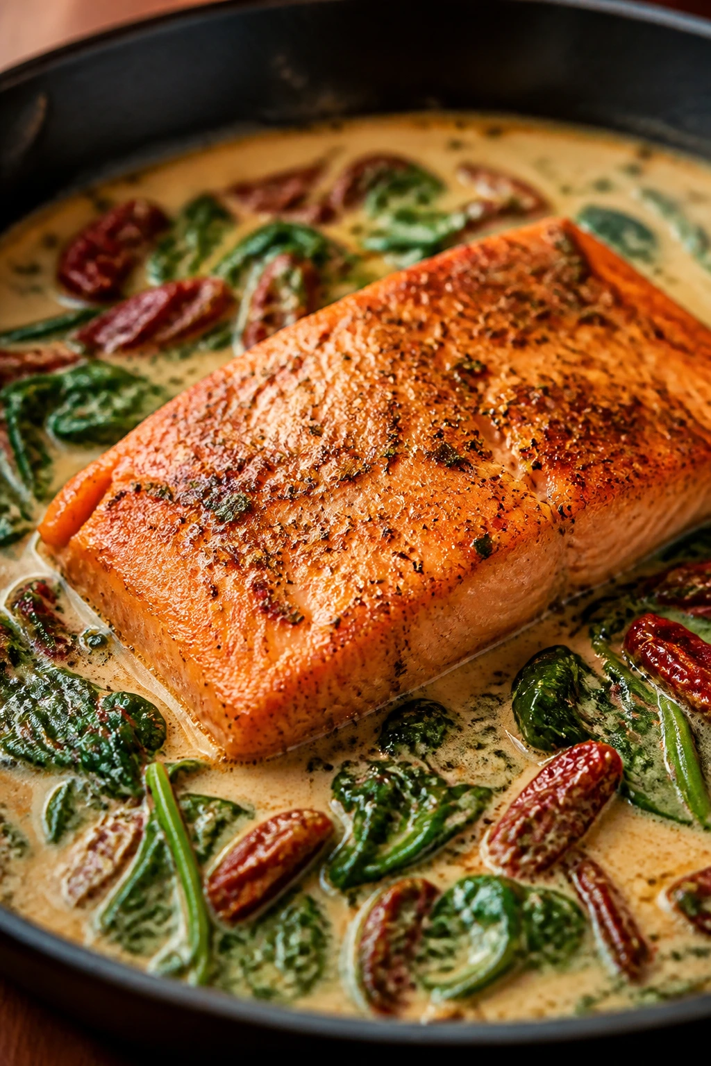Close-up of creamy Tuscan salmon in a skillet
