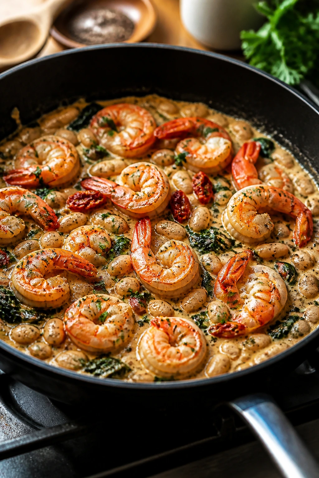 Shrimp and white beans in a creamy Tuscan-style skillet