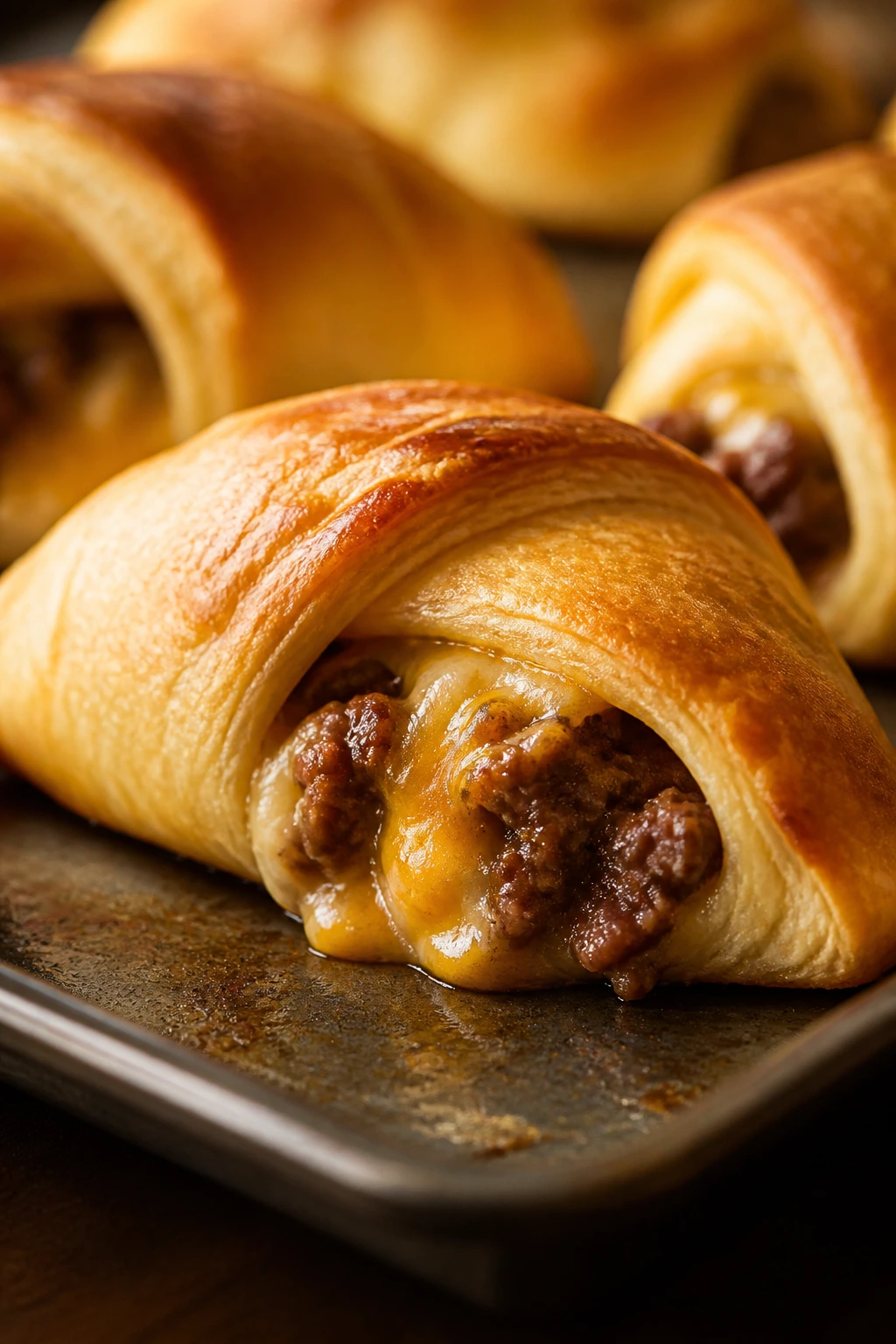 Single crescent roll beef pocket on baking sheet