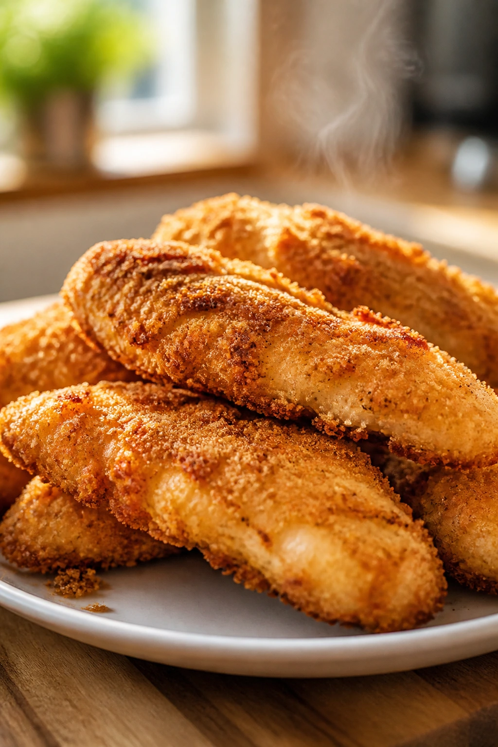Close-up of crispy baked chicken tenders on a plate with golden crust