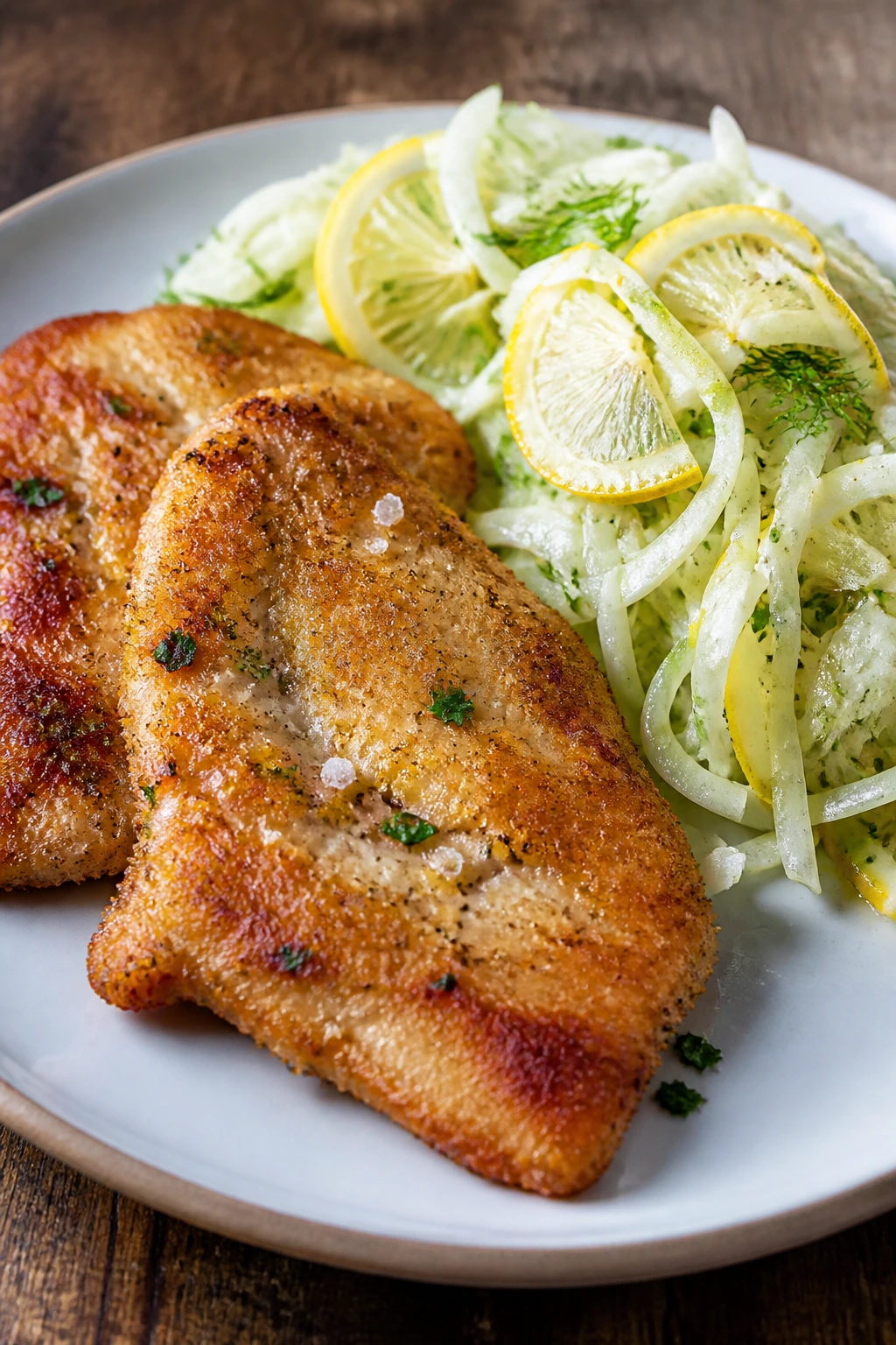 Close-up of Crispy Chicken Cutlets with Lemon Salad on a plate, golden crust, greens, warm kitchen setting.