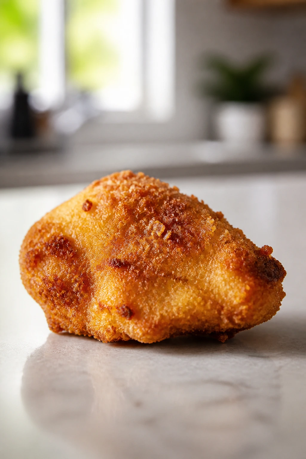 Perfectly browned chicken nugget on countertop