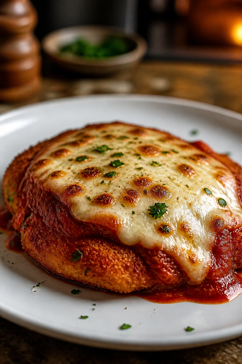 Close-up of crispy chicken parmesan with melted mozzarella