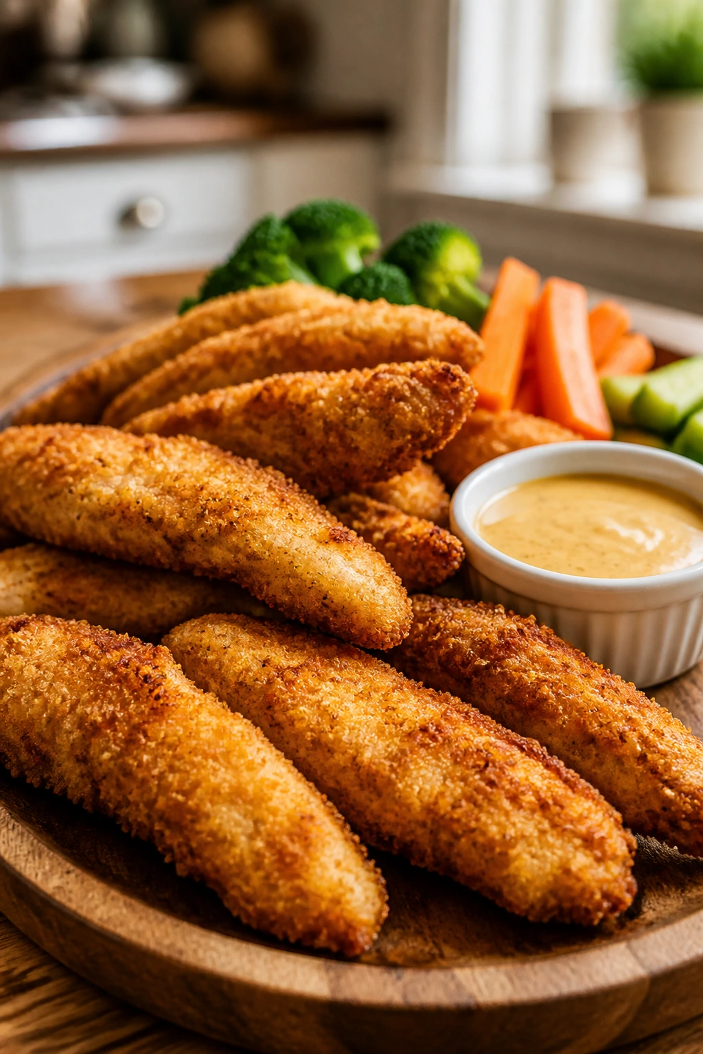 Close-up of crispy chicken tenders on platter with dipping sauce in a warm kitchen