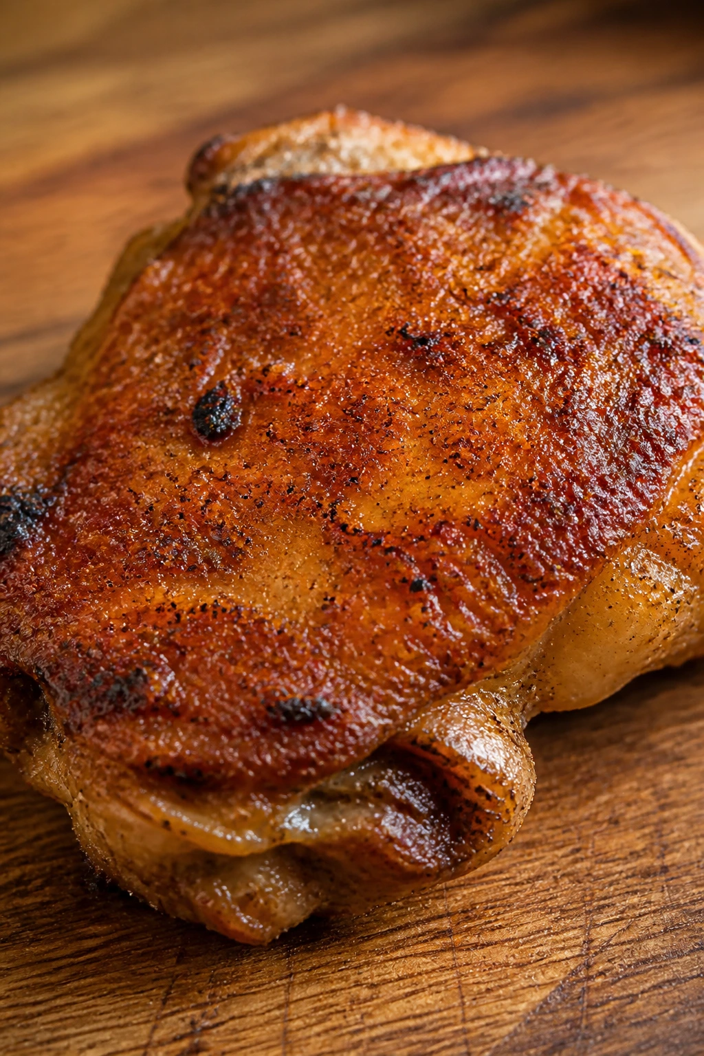 Close-up of a juicy roasted chicken thigh with crispy skin on a wooden board in a warm kitchen