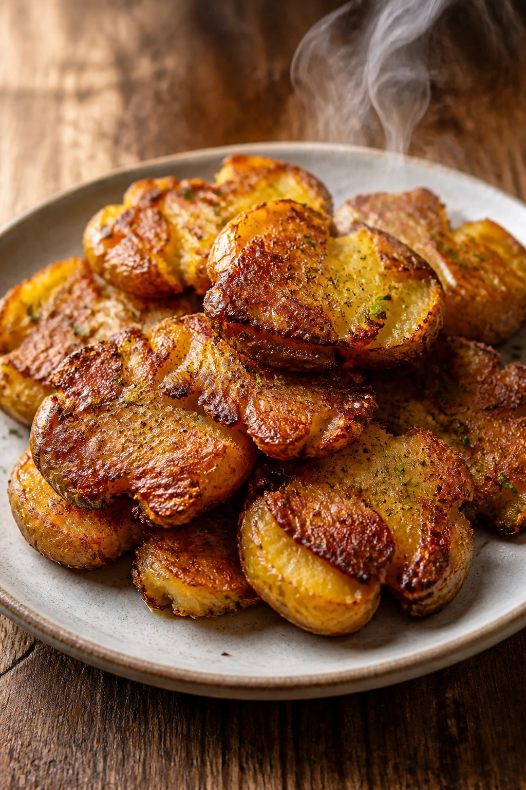 Plate of crispy-edged smashed potatoes dominating the frame